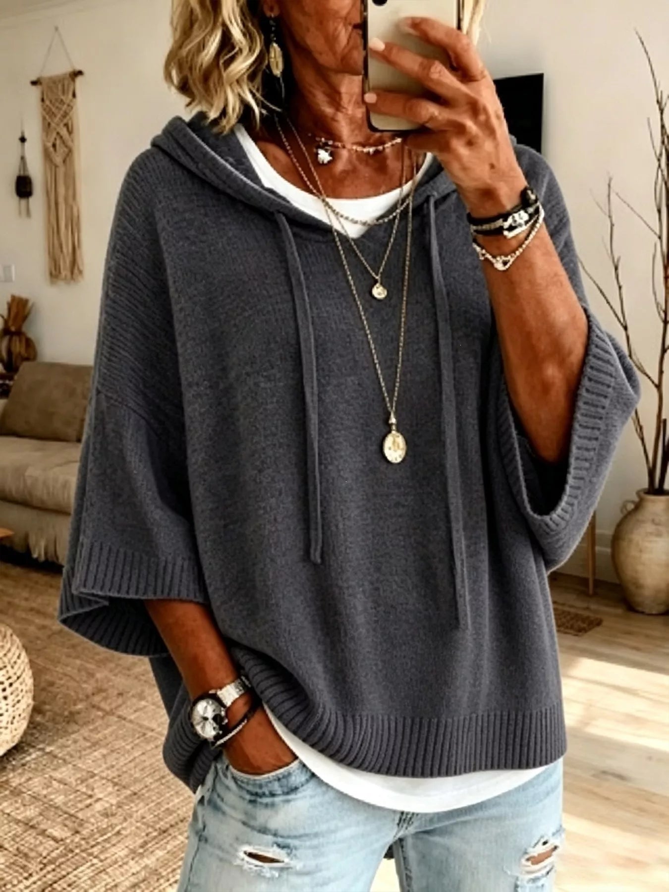 Trendsi Full Size Casual Hooded Batwing Sleeve Knit Sweater Plus Size -