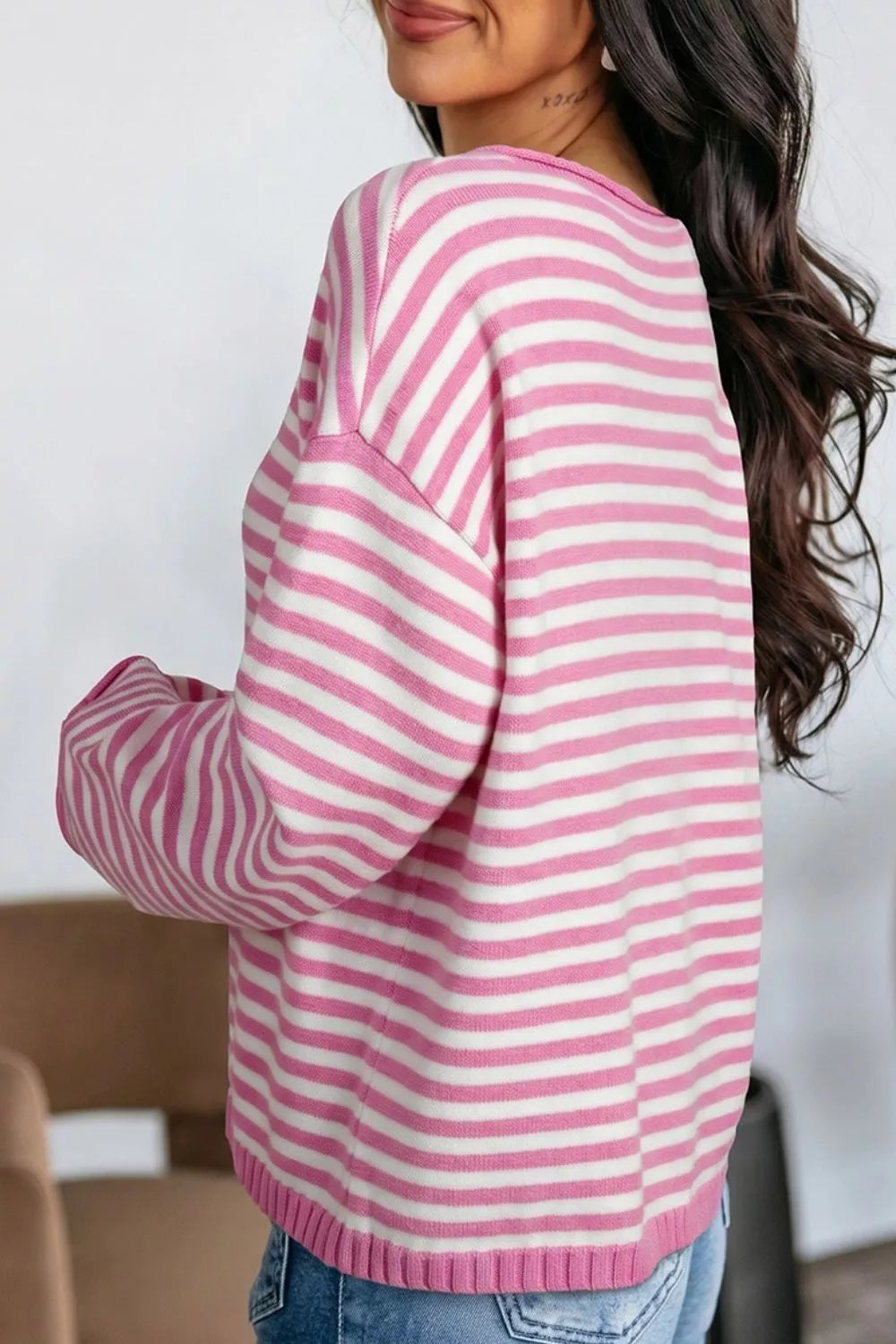 Trendsi Striped Button Placket Drop Shoulder Long Sleeve Sweater -