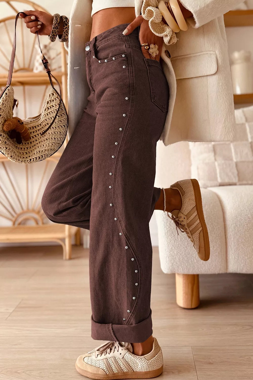 Trendsi Embellished Wide-Leg Denim Jeans -
