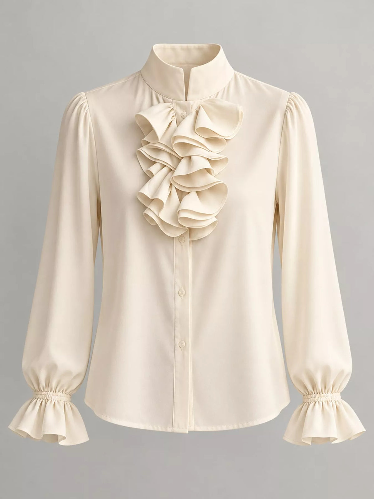 Ruffled Stand-Collar Blouse with Long Lantern Sleeves, front view