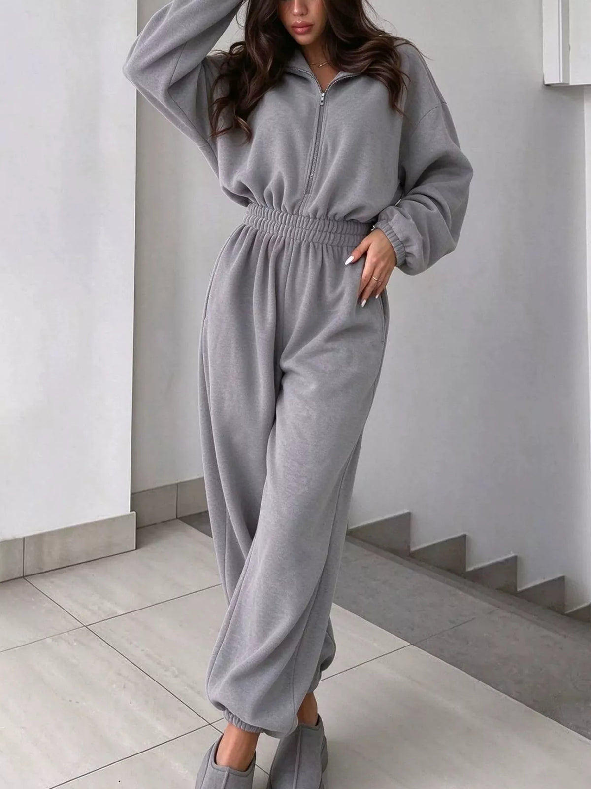 Zip Front Long Sleeve Jumpsuit — front view