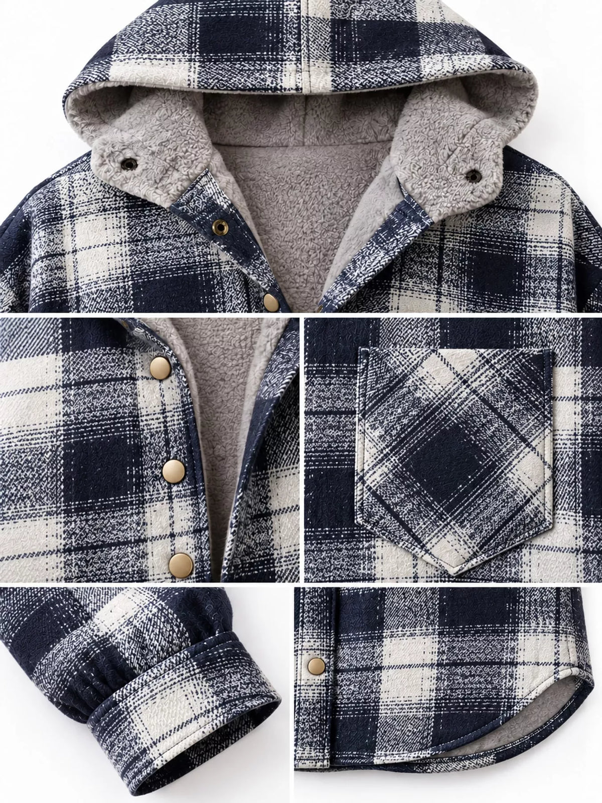 Navy Blue plaid hooded button up jacket