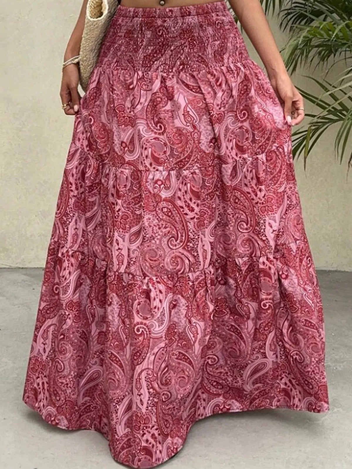 Women's Paisley Print Tiered Maxi Skirt in burgundy — front view