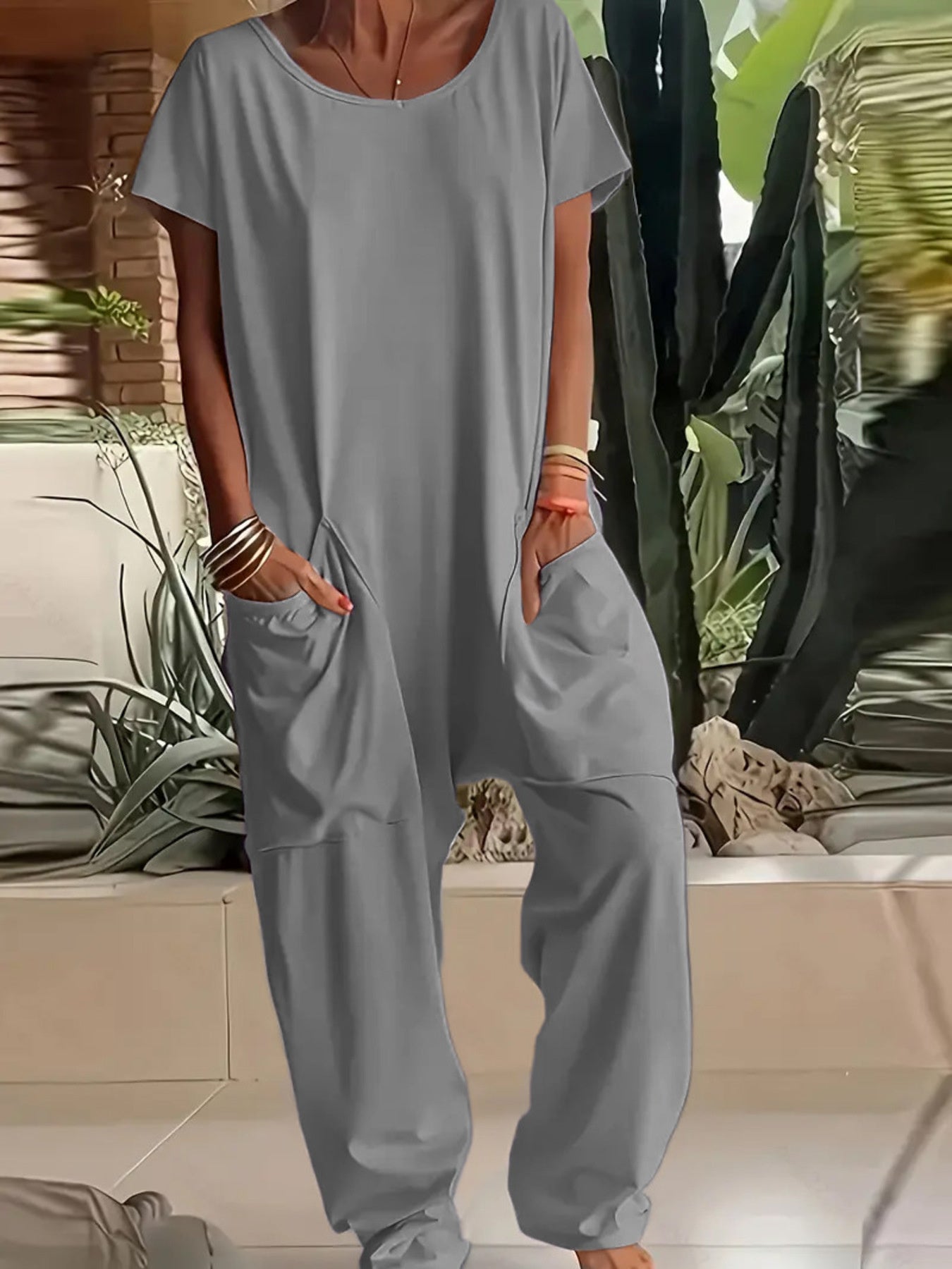 Trendsi Full Size Loose Fit V-Neck Short Sleeve Wide Leg Jumpsuit Plus Size -