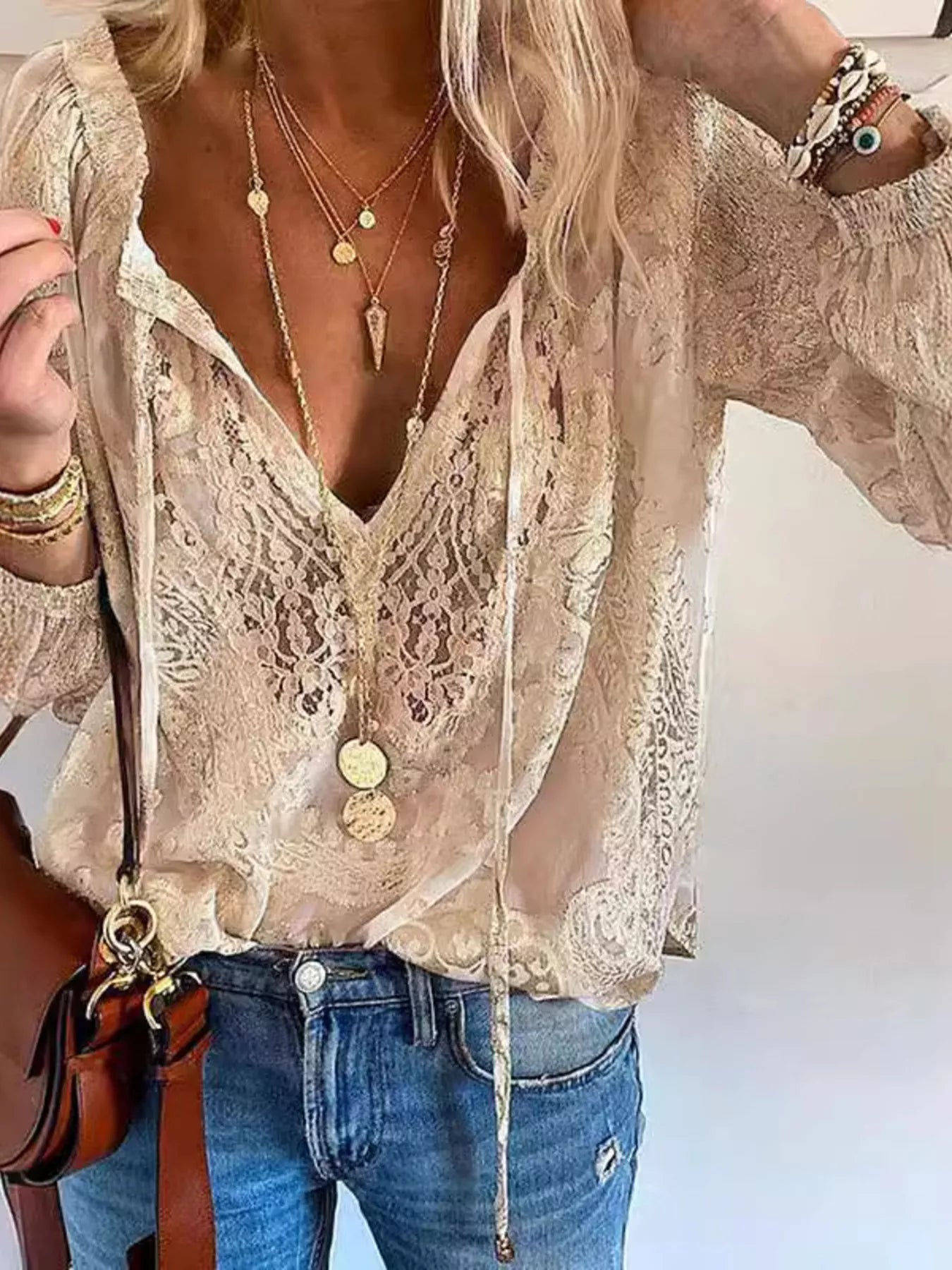 Trendsi Lace Tie Neck Long Sleeve Blouse -