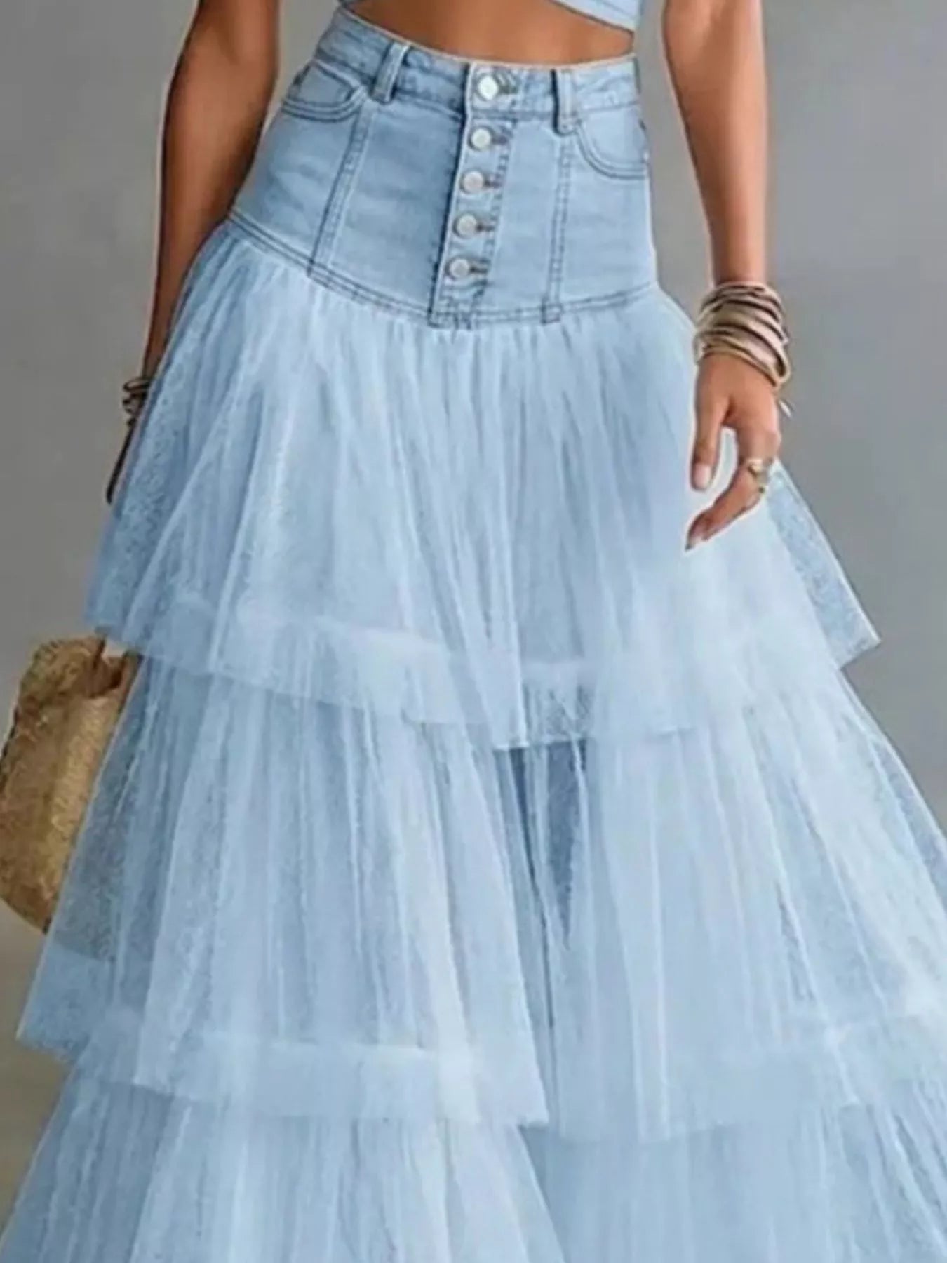 Trendsi High-Waisted Button-Front Denim and Tulle Maxi Skirt -
