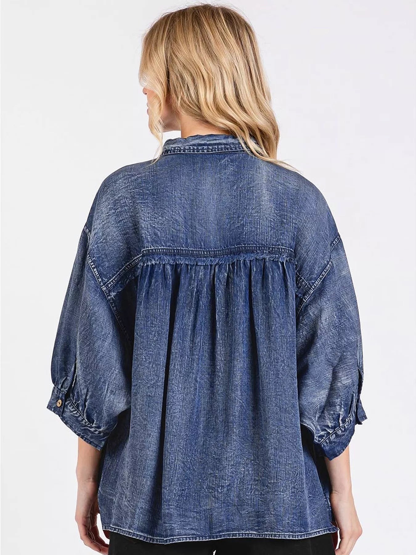 Trendsi Three Quarter Sleeve Button Front Loose Denim Shirt -