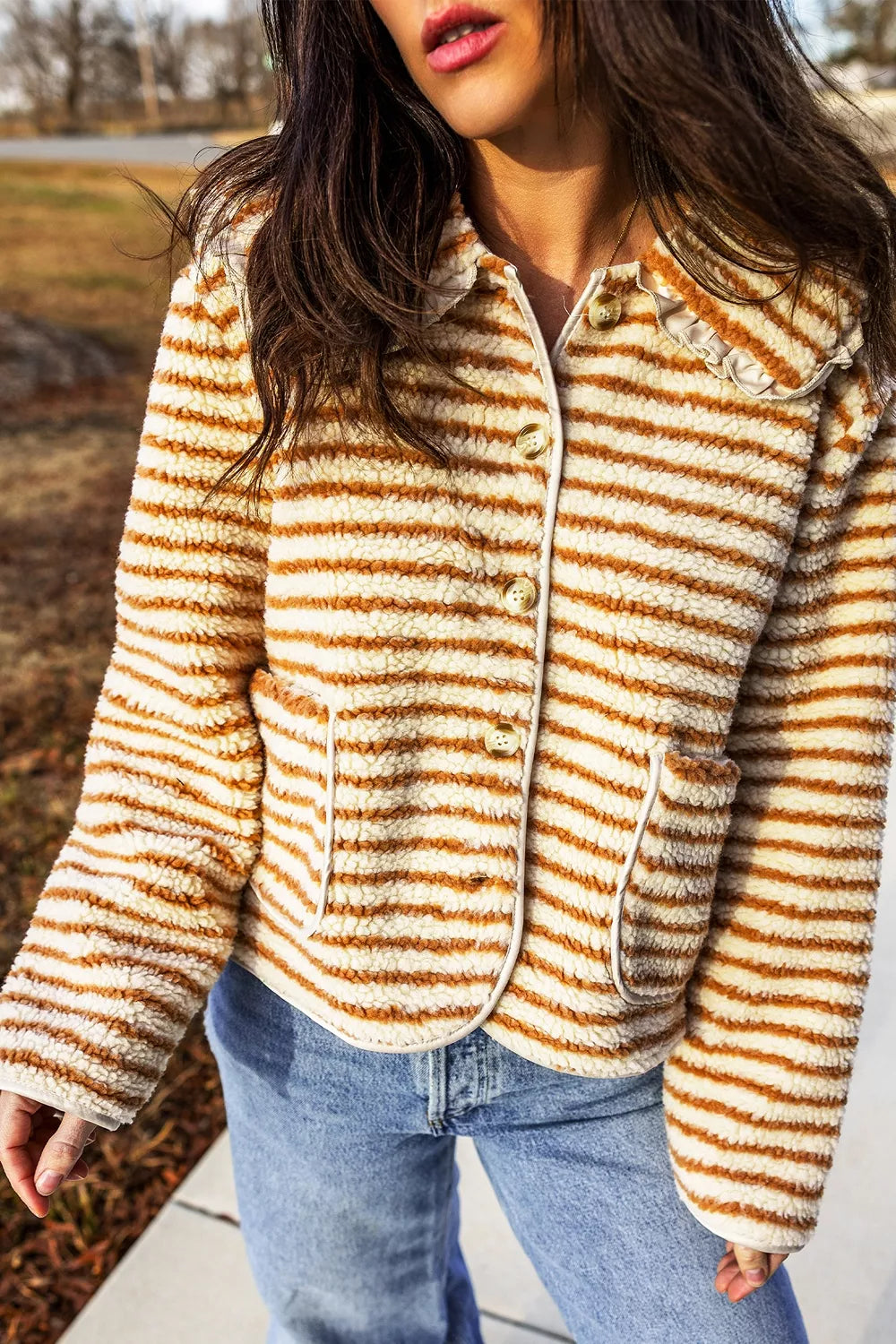 Striped fleece jacket, buttoned front