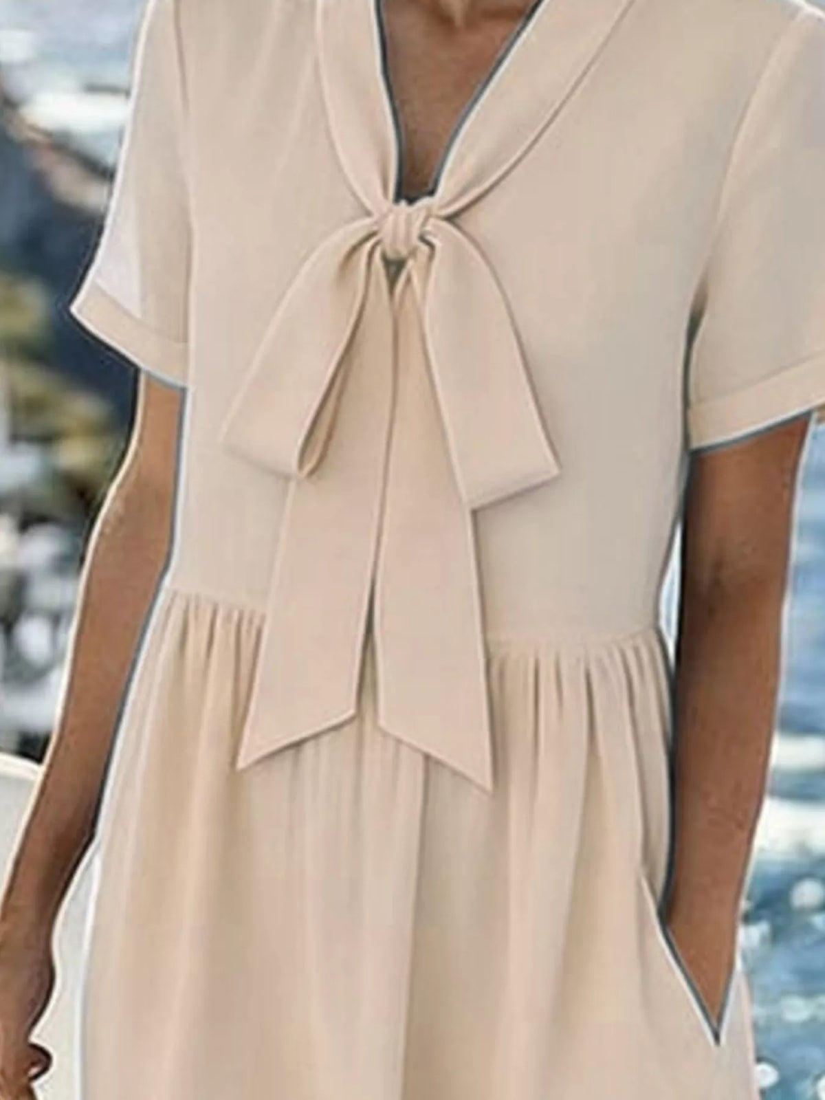 Women's Bow-Tie Short Sleeve Midi Dress in Apricot, alternate view