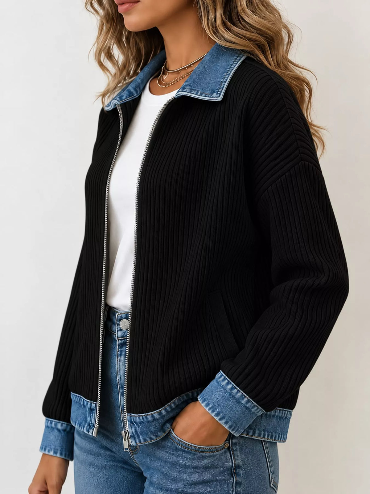 Black denim-collar ribbed knit zip-up jacket — side view