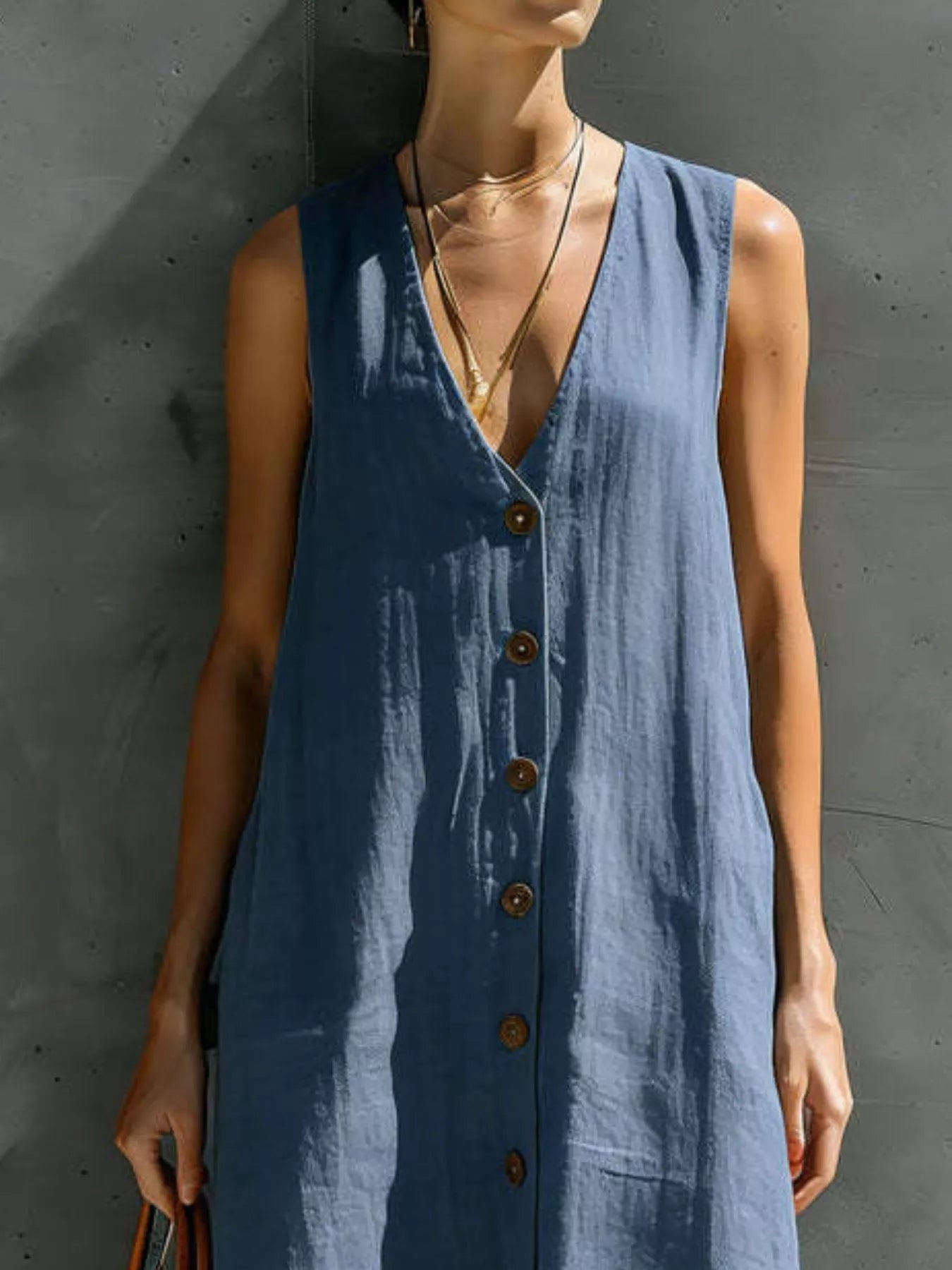 Trendsi Full Size Sleeveless V-Neck Button-Down Linen Maxi Dress Plus Size -