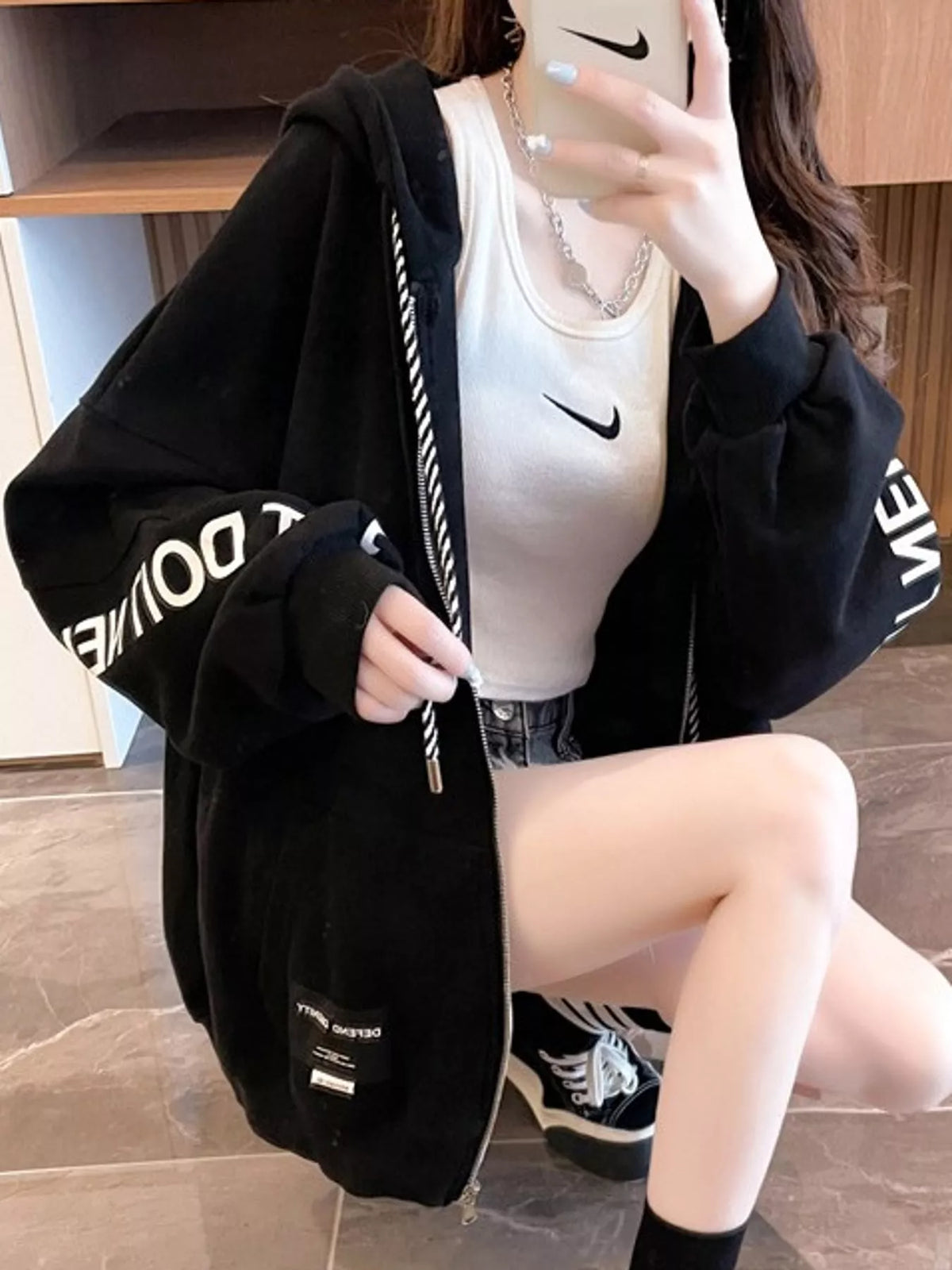 Oversized Zip-Up Hoodie with Letter Print — side view
