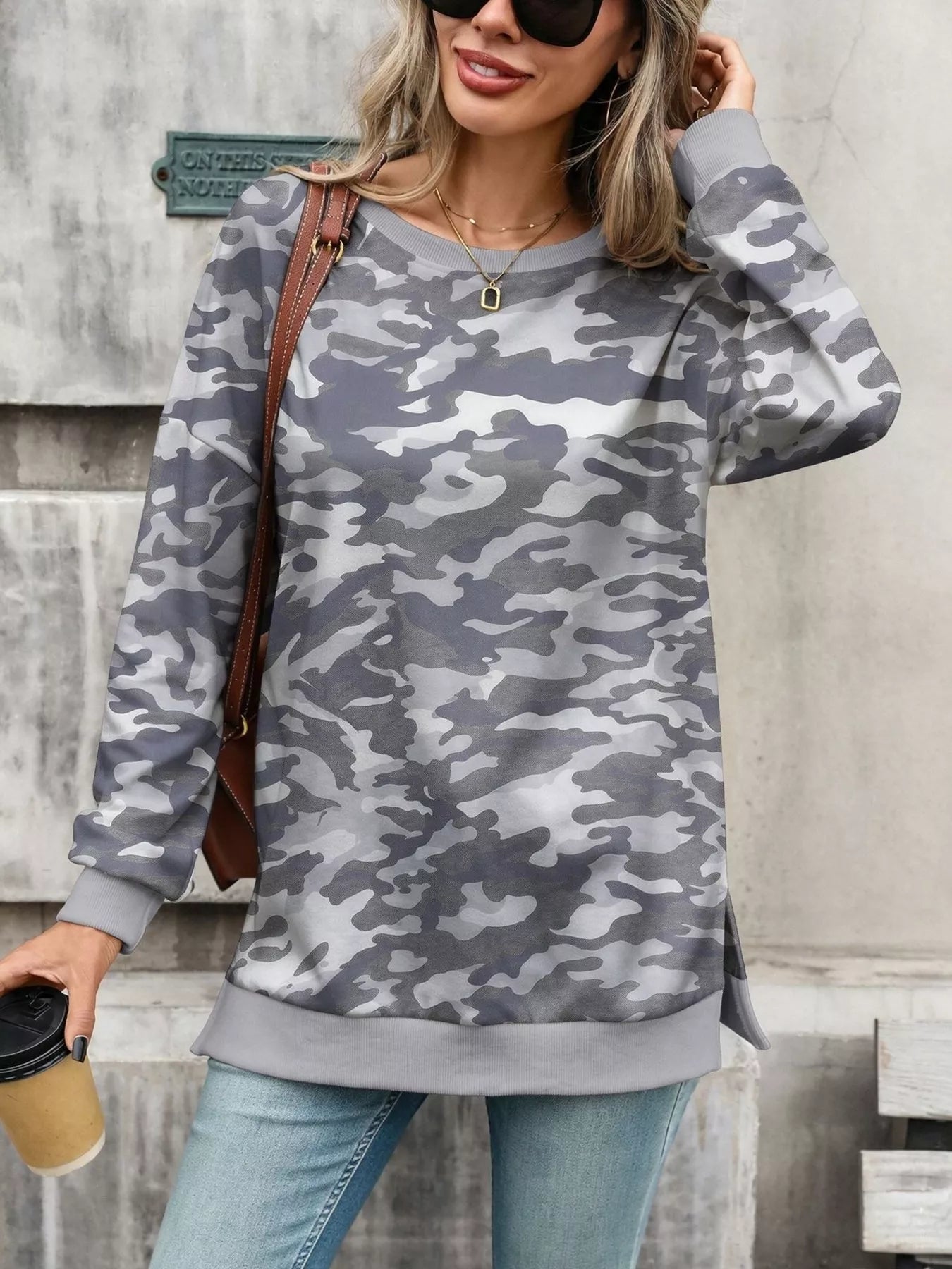 Trendsi Camouflage Print Crewneck Sweatshirt -