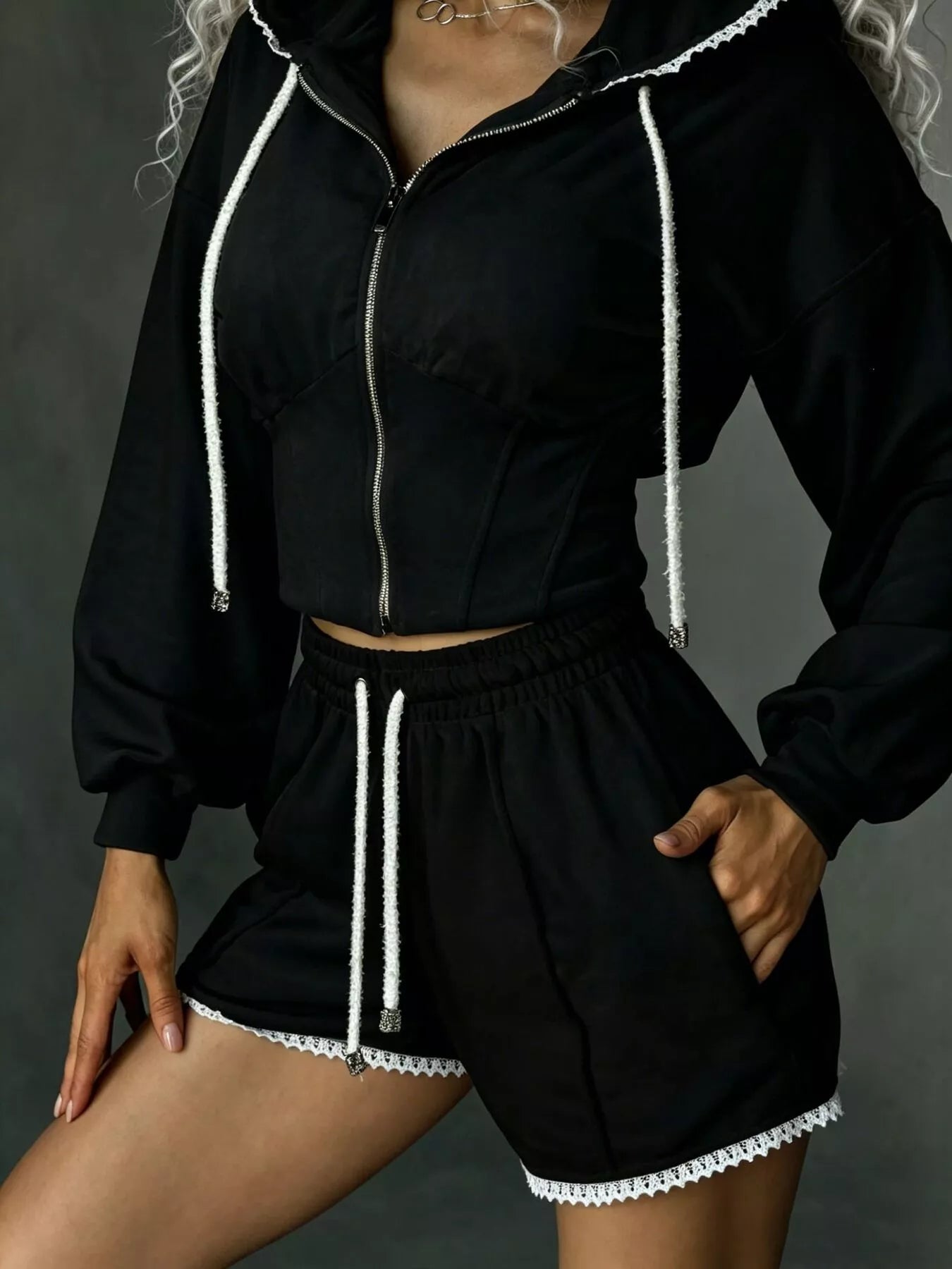 Trendsi Drawstring Zip-Up Hoodie and Shorts Set -