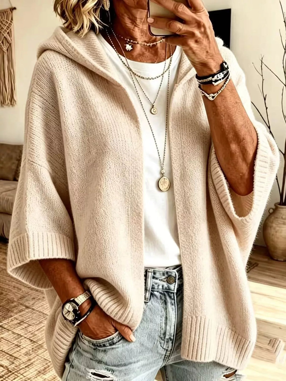 Hooded knit cardigan, beige front