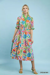 Trendsi Umgee Mix Floral Midi Dress with Ruffle Trim - Dresses