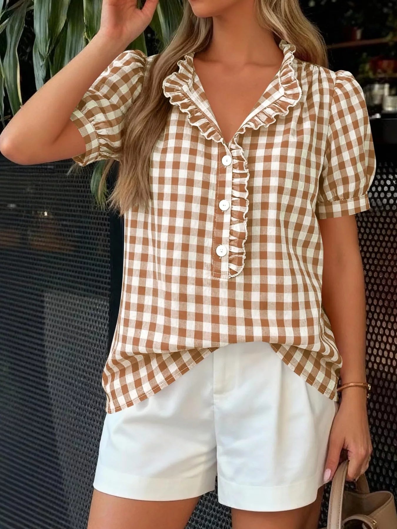 Trendsi Gingham Button Front Puff Sleeve Blouse -