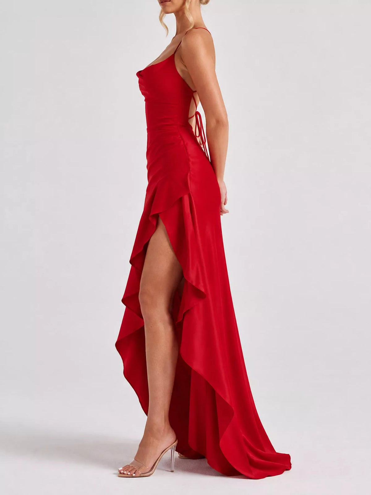 Red high-low ruffle-hem evening dress, side view