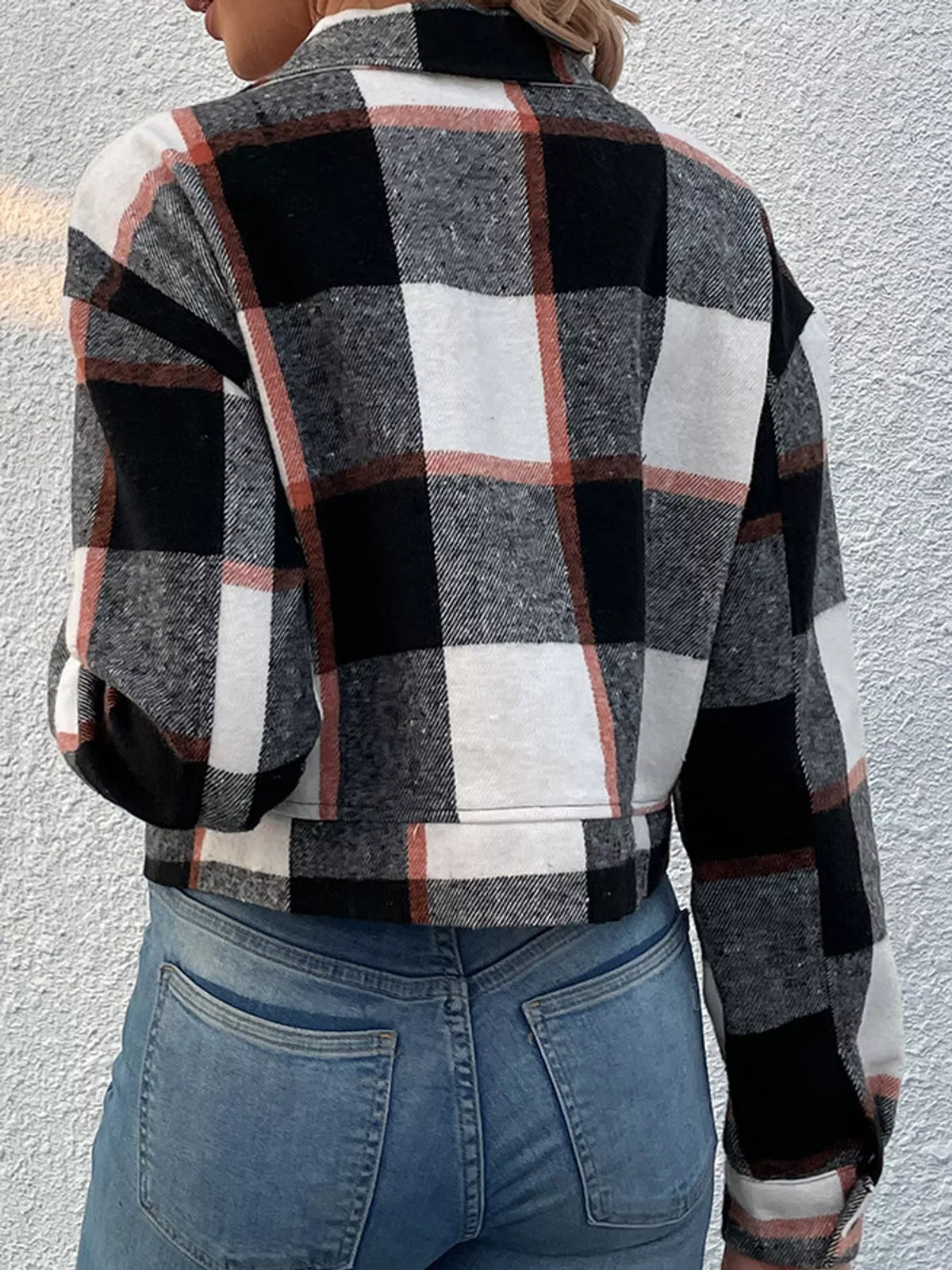 Black plaid button-up cropped jacket, back view
