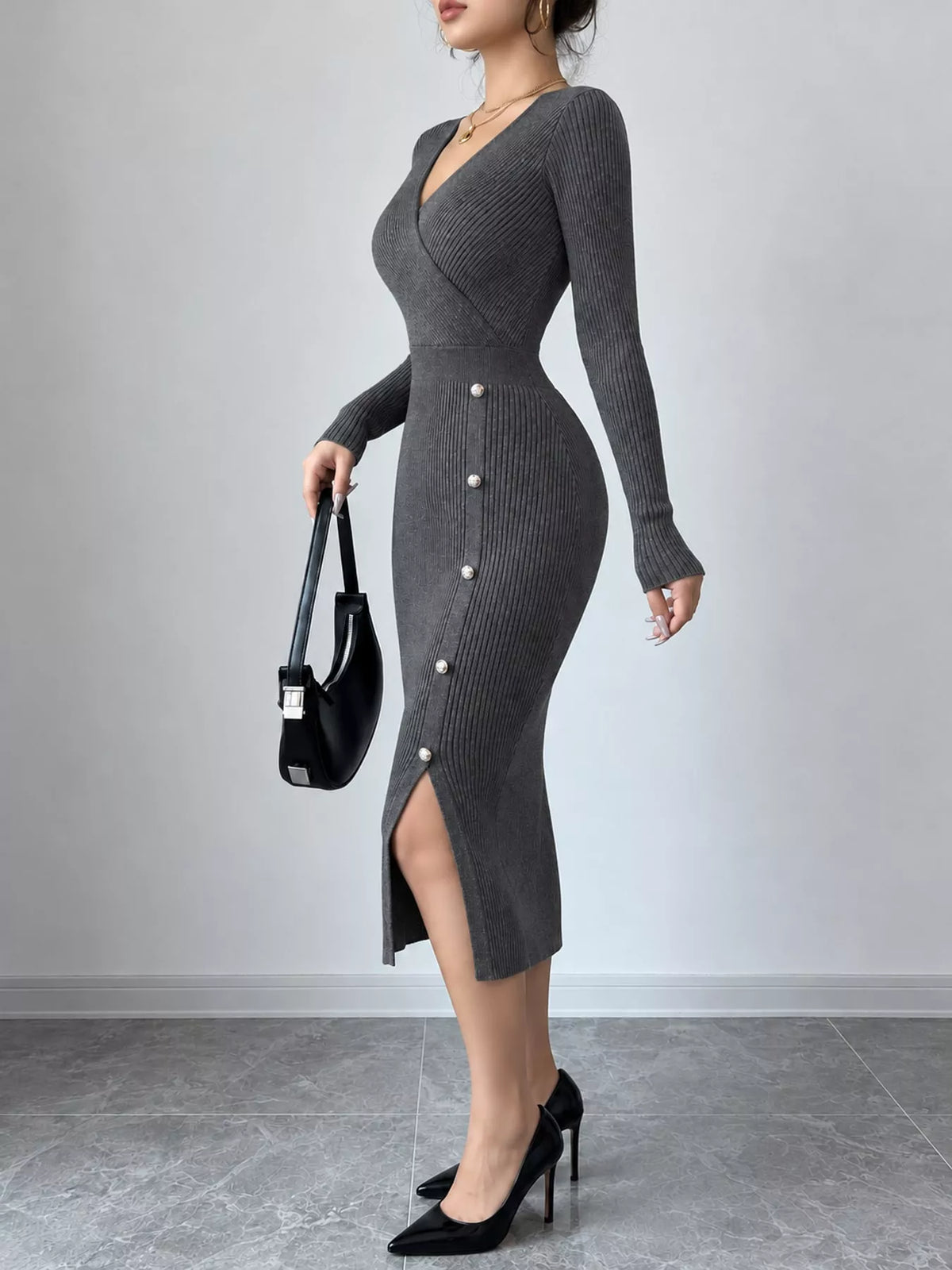 Dark gray decorative button ribbed knit sweater dress, side view