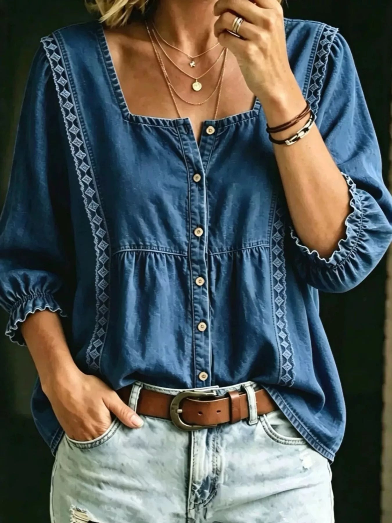 Trendsi Full Size Square Neck Button-Down Denim Shirt Plus Size -