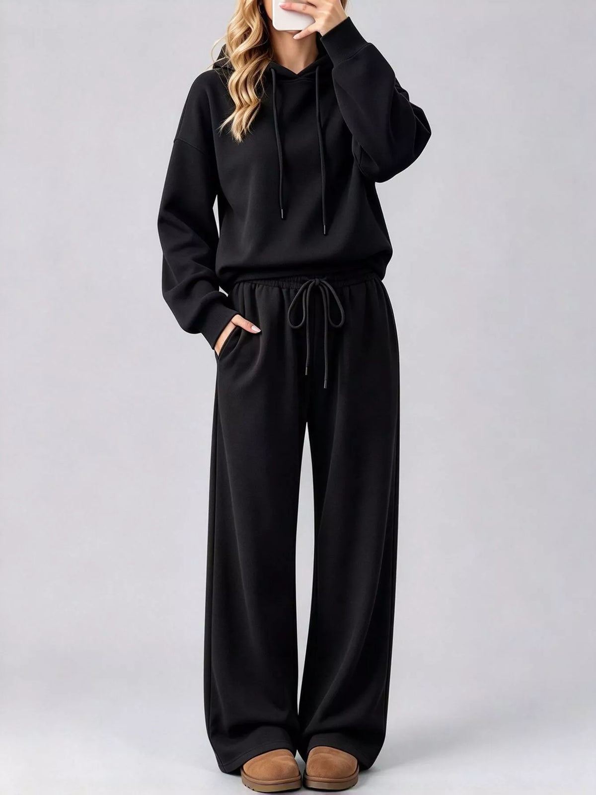 Black dropped shoulder hoodie and wide-leg pants set
