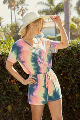 Trendsi BiBi Tie Dye French Terry V-Neck Romper with A Hole and Side Pocket and A Drawstring -