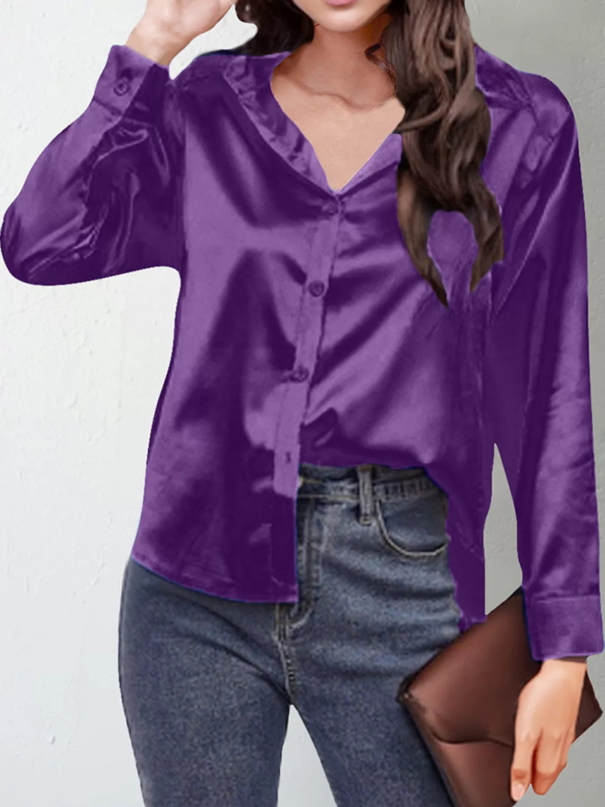 Purple satin button-down long sleeve shirt
