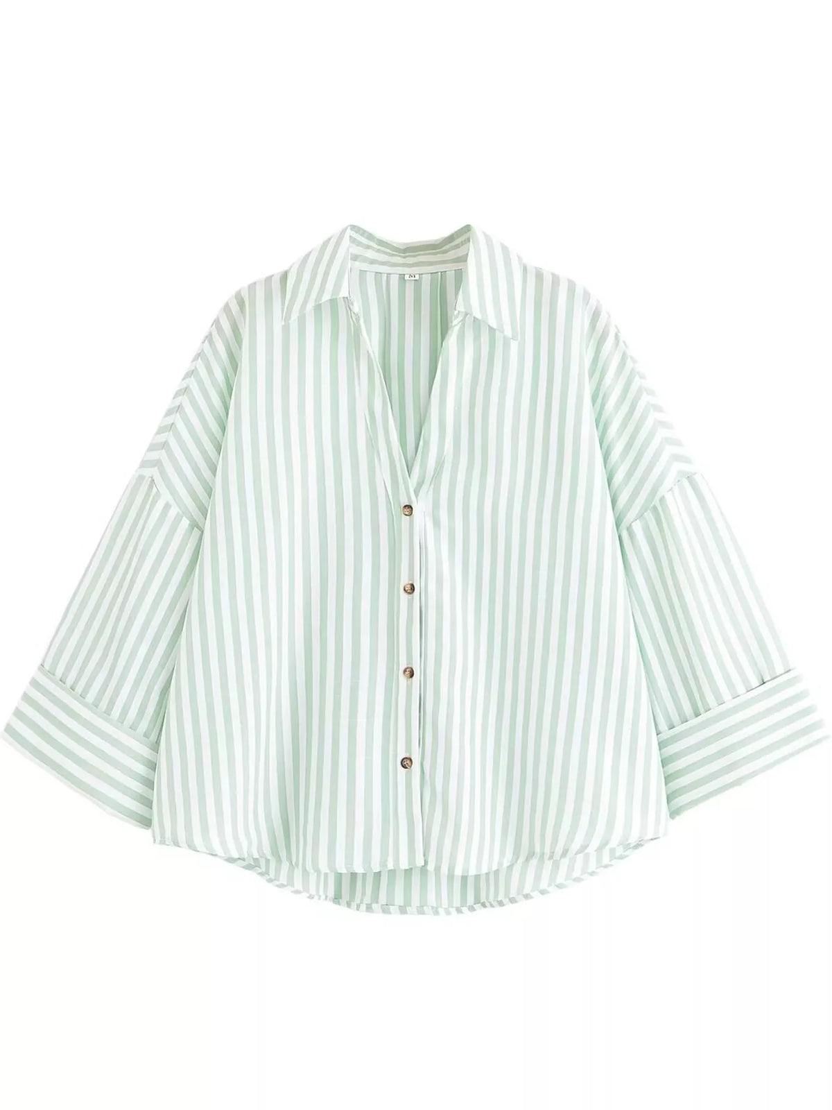 Green And White Stripes button-up three-quarter sleeve shirt