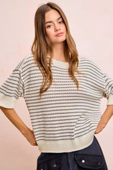 Trendsi BiBi Stripes Short Sleeves Rib Banded Outseam Knit Top -