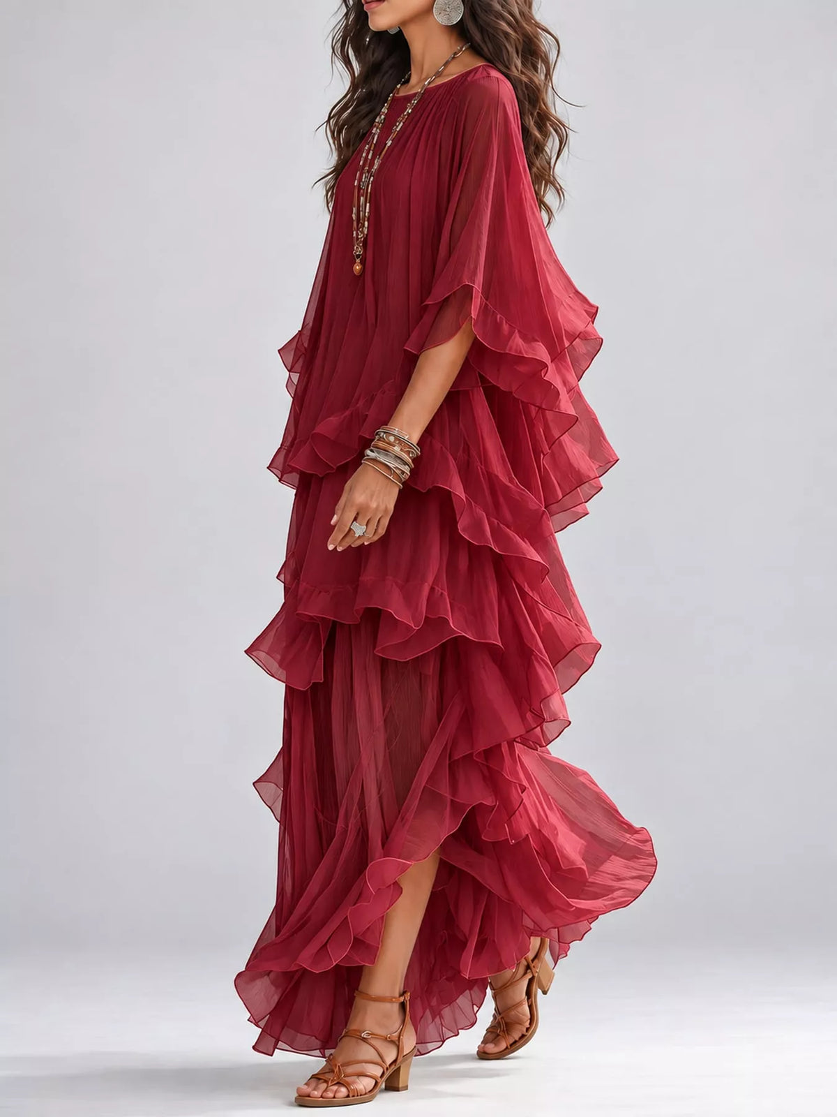 Burgundy ruffled layered bohemian maxi dress, side view