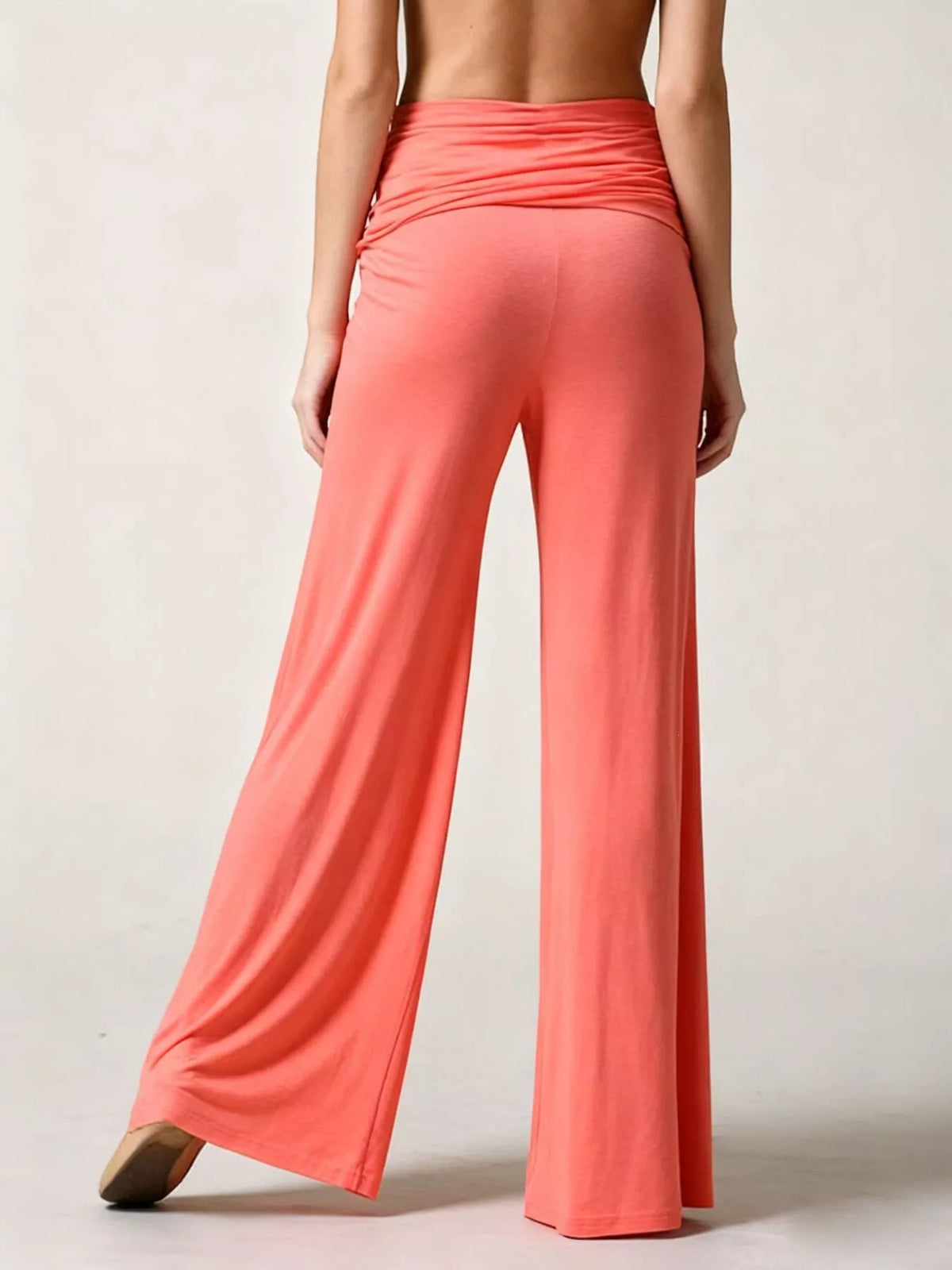 Coral fold-over wide-leg pants, back view