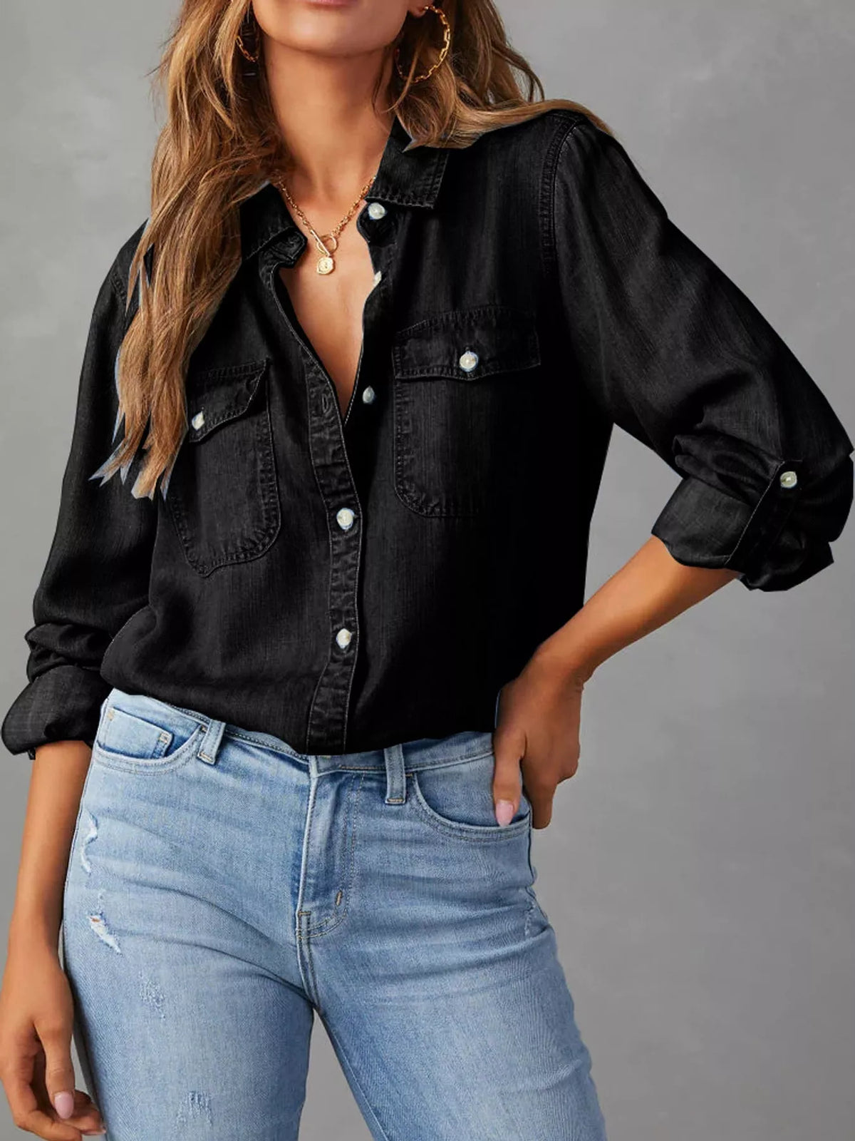Black button-down denim shirt