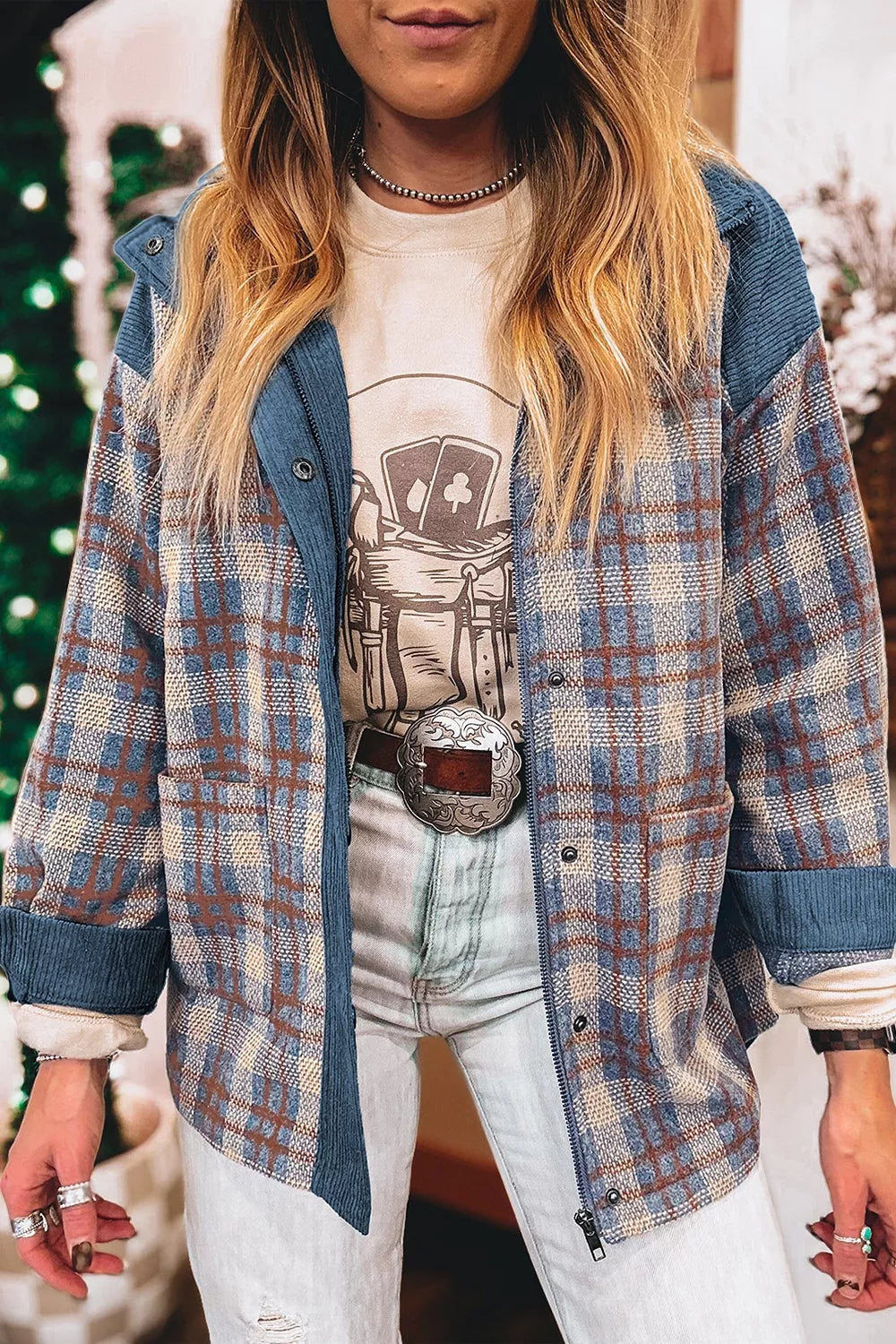 Trendsi Plaid Corduroy Patchwork Collared Zip Up Snap Button Jacket -