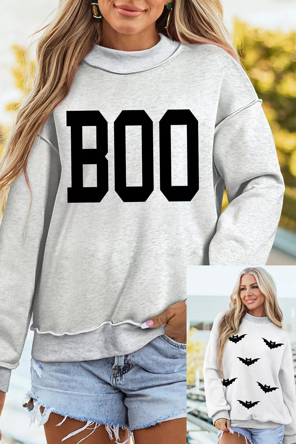 Halloween BOO & Bat Printed Reversible Mock Neck Sweatshirt in gray boo and white bats, comparison view
