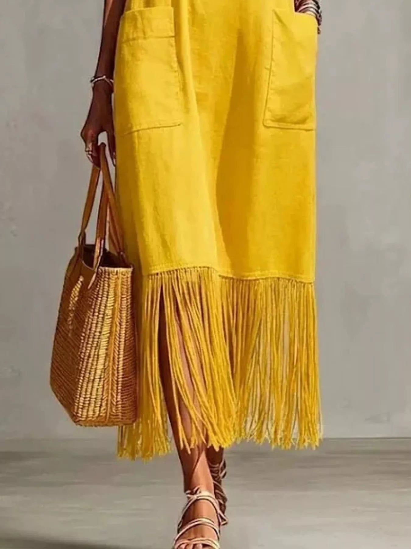 Trendsi Full Size Fringe V-Neck Spaghetti Strap Dress Plus Size -