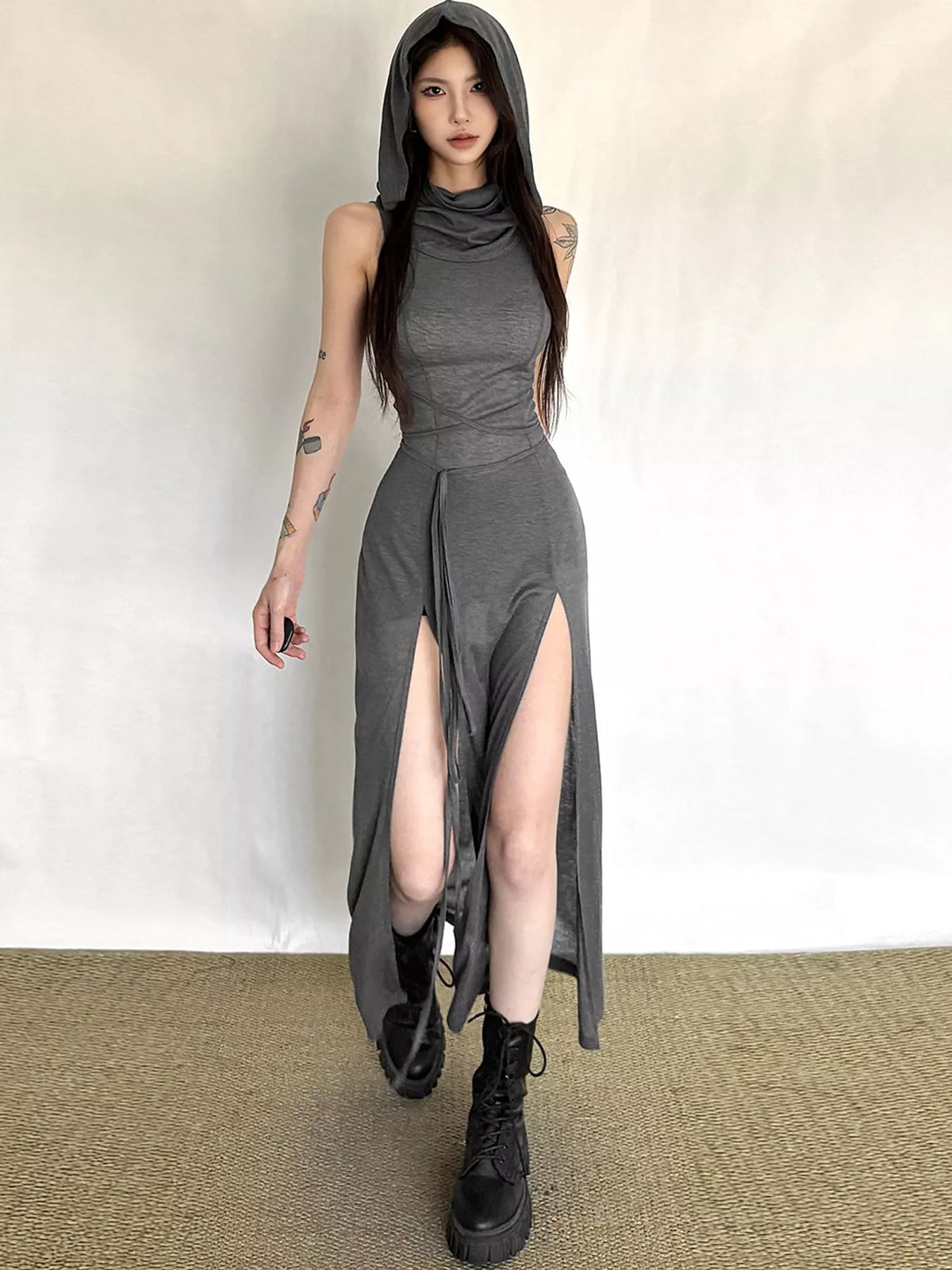 Gray sleeveless high slit hooded maxi dress, front view