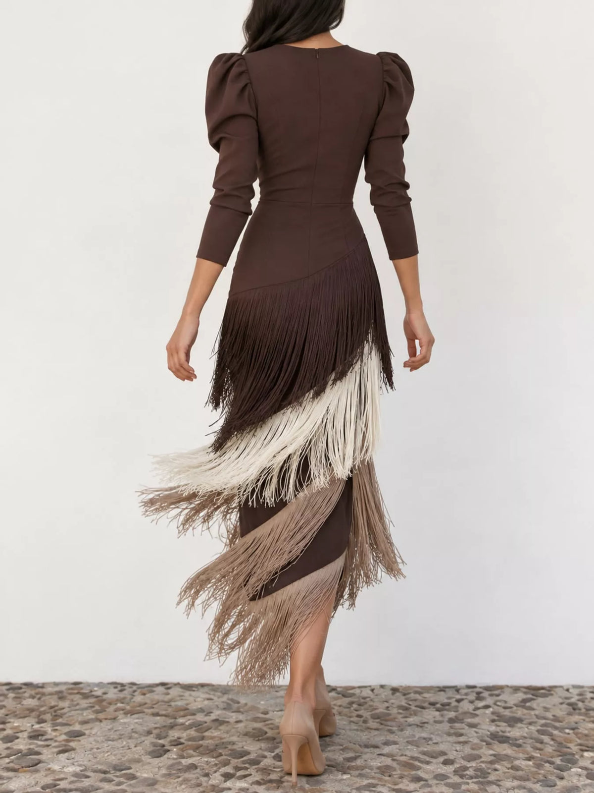 Women's Fringed V-Neck Puff Sleeve Midi Dress in brown multicolor — back view