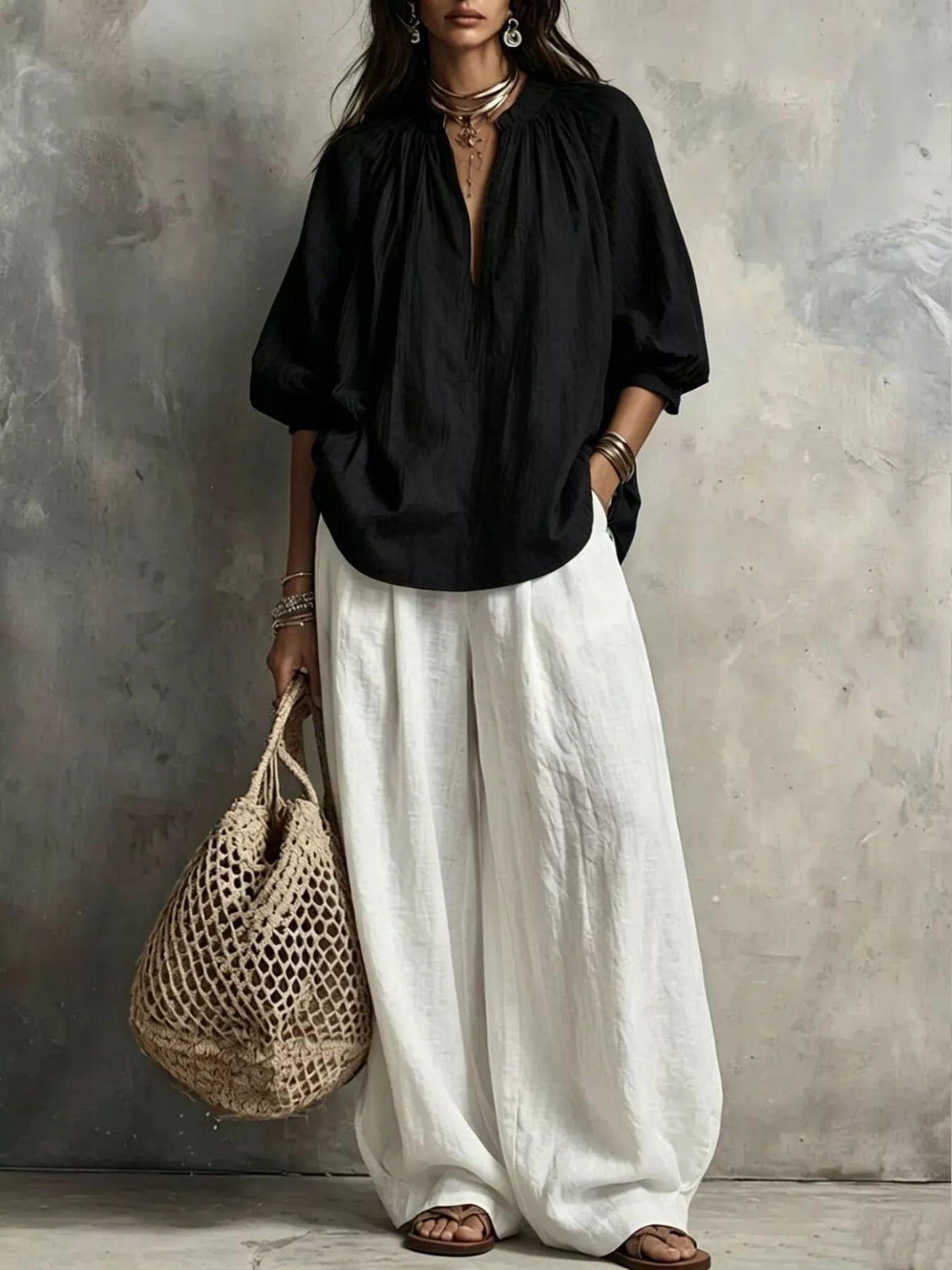 Black Notched Long Sleeve Blouse & White Wide-Leg Pants Set front view