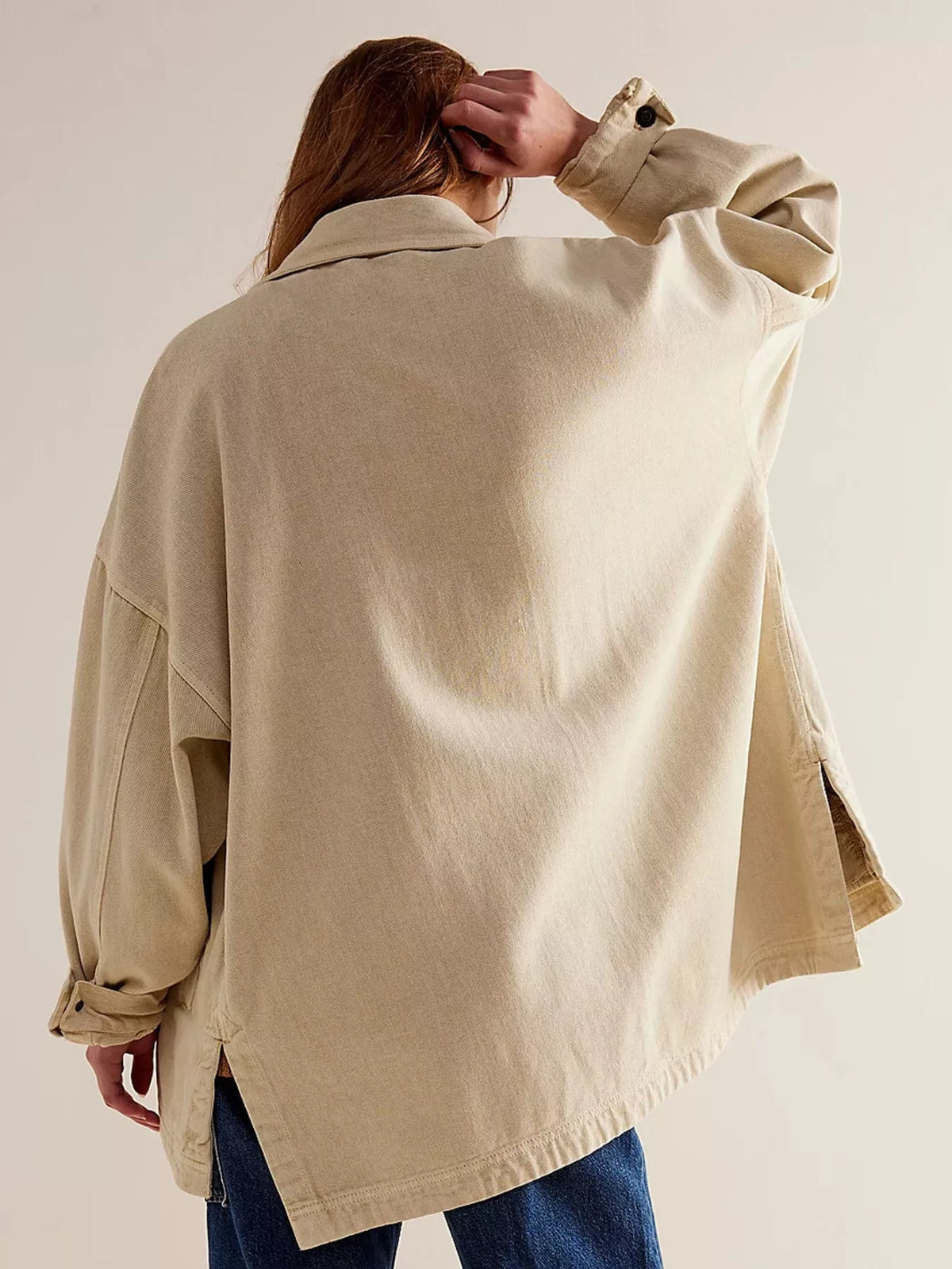 Off-White button up long sleeve denim jacket, back view