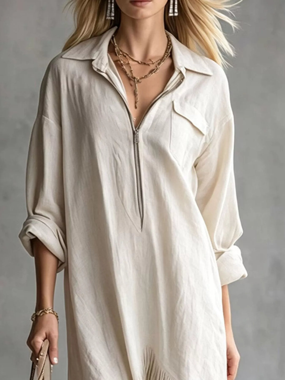 Zipper-Front Fringe Hem Midi Dress in cream, bodice detail