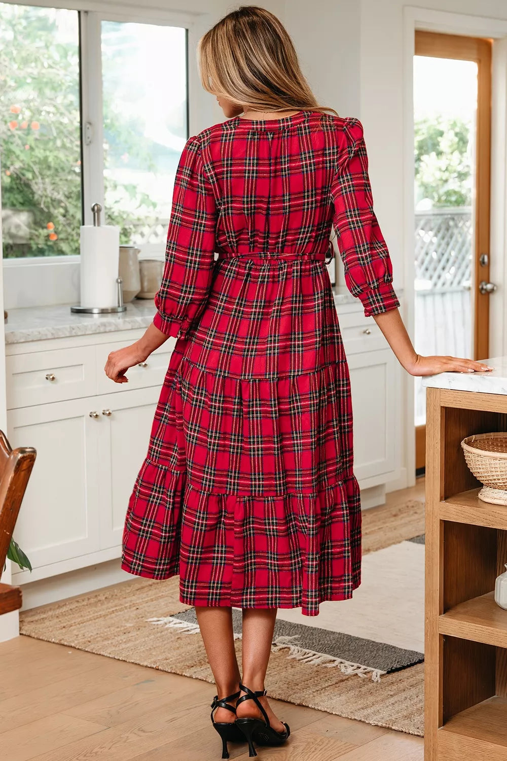Trendsi Christmas Plaid V Neck 3/4 Sleeve Tie Waist Ruffle Hem Midi Dress -