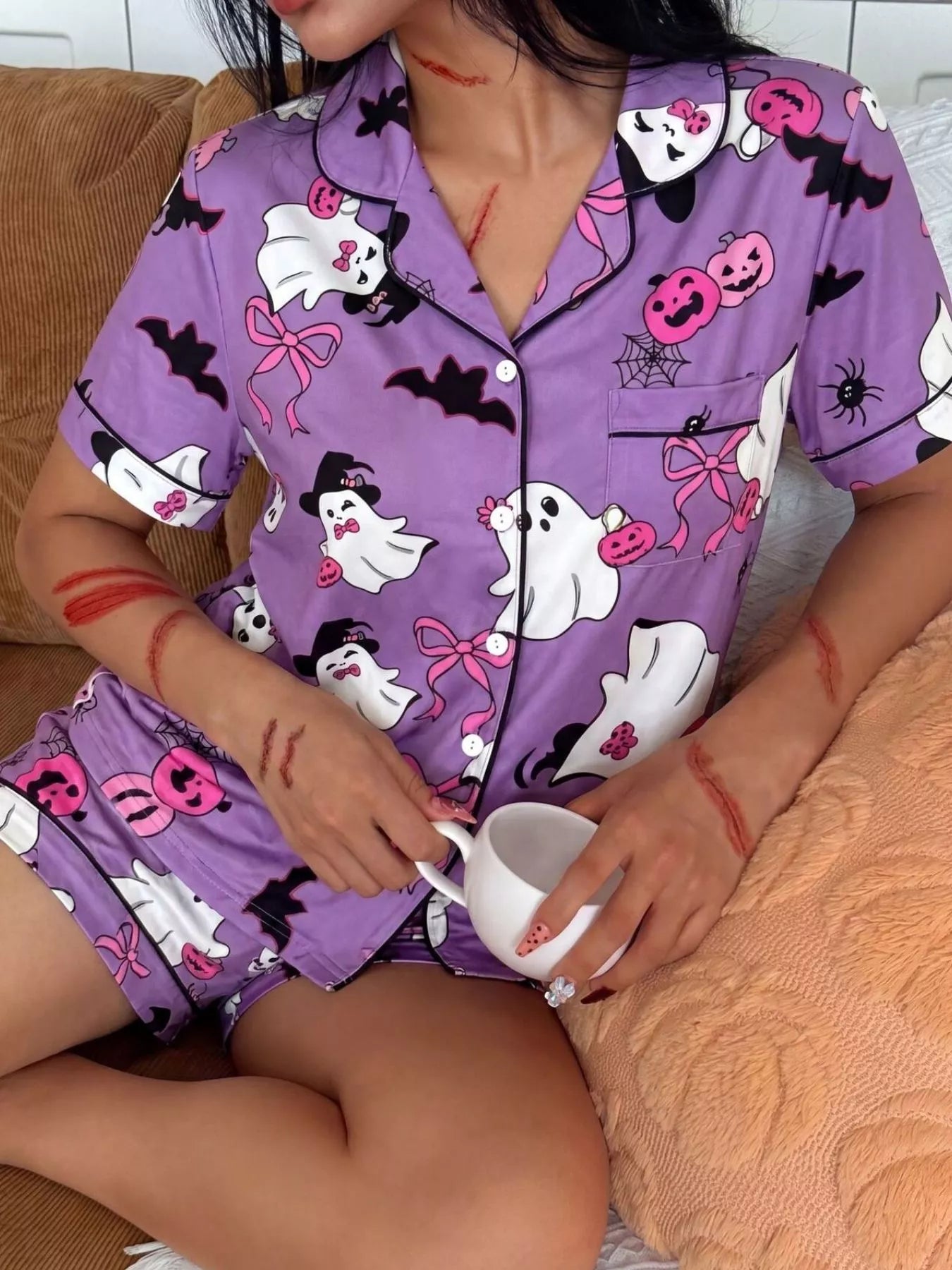 Trendsi Halloween Ghost Print Button-Down Top and Shorts Lounge Set -