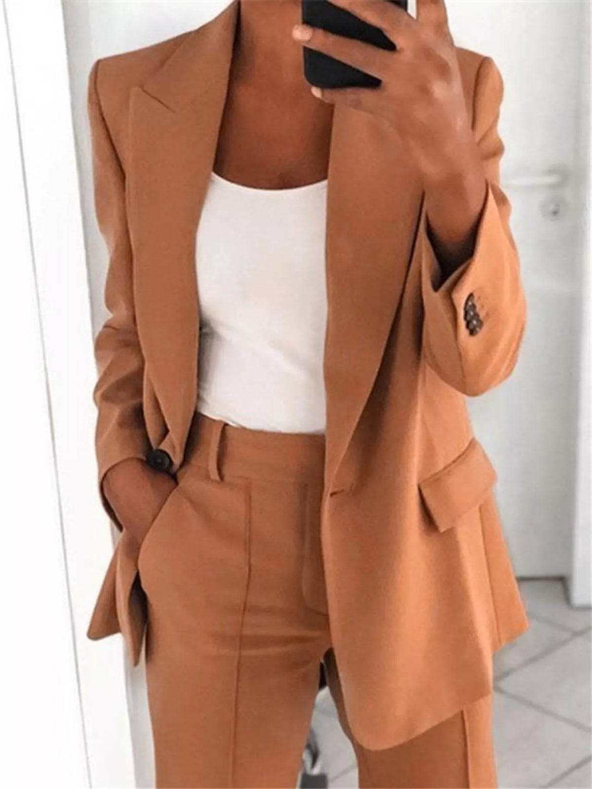 Collared long sleeve outfit set, front view on model