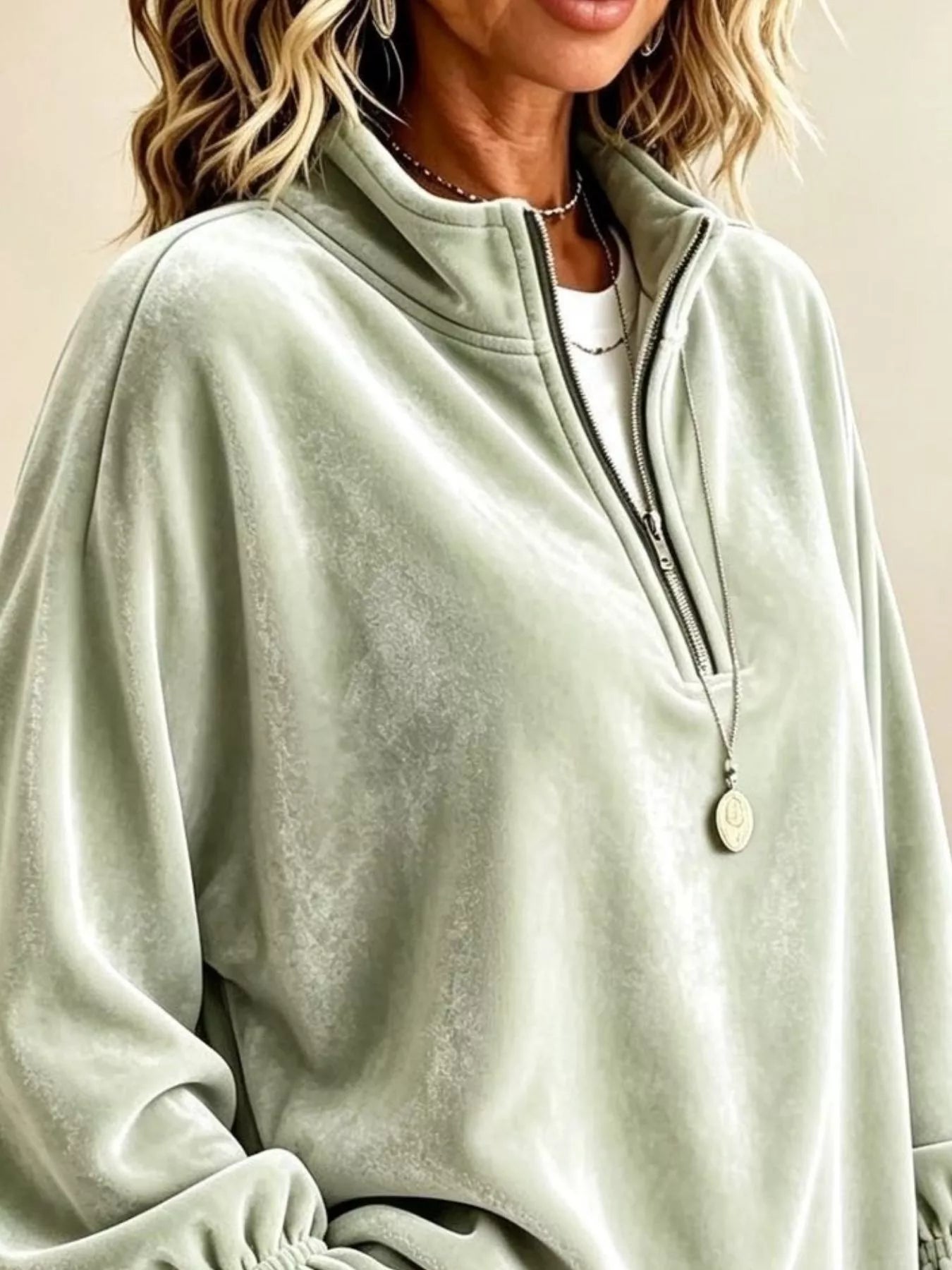 Trendsi Velvet Quarter-Zip Sweatshirt with Ruffled Cuffs -