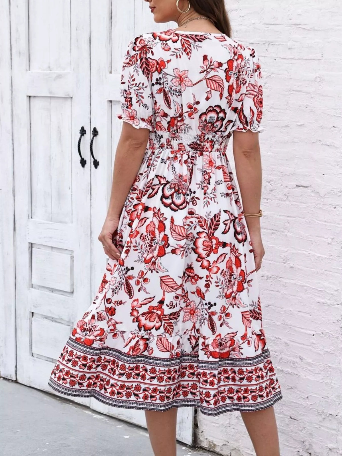 Trendsi Floral Print Puff Sleeve Wrap Midi Dress -