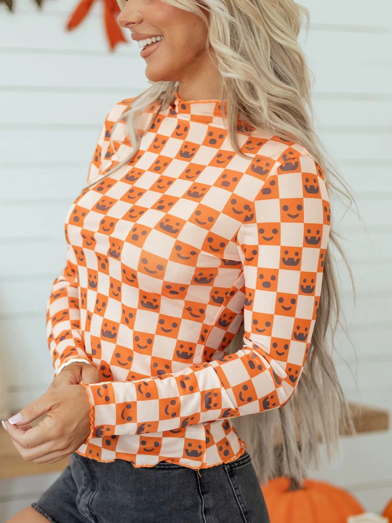 Trendsi Abstract Halloween Pattern Long Sleeve Mock Neck Blouse -