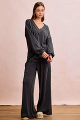 Trendsi BiBi Two Tone Cord Rib Contrast Stitching V-Neck Top and Pants Set -