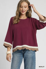 Trendsi Umgee Scalloped Hem Color Block Top -