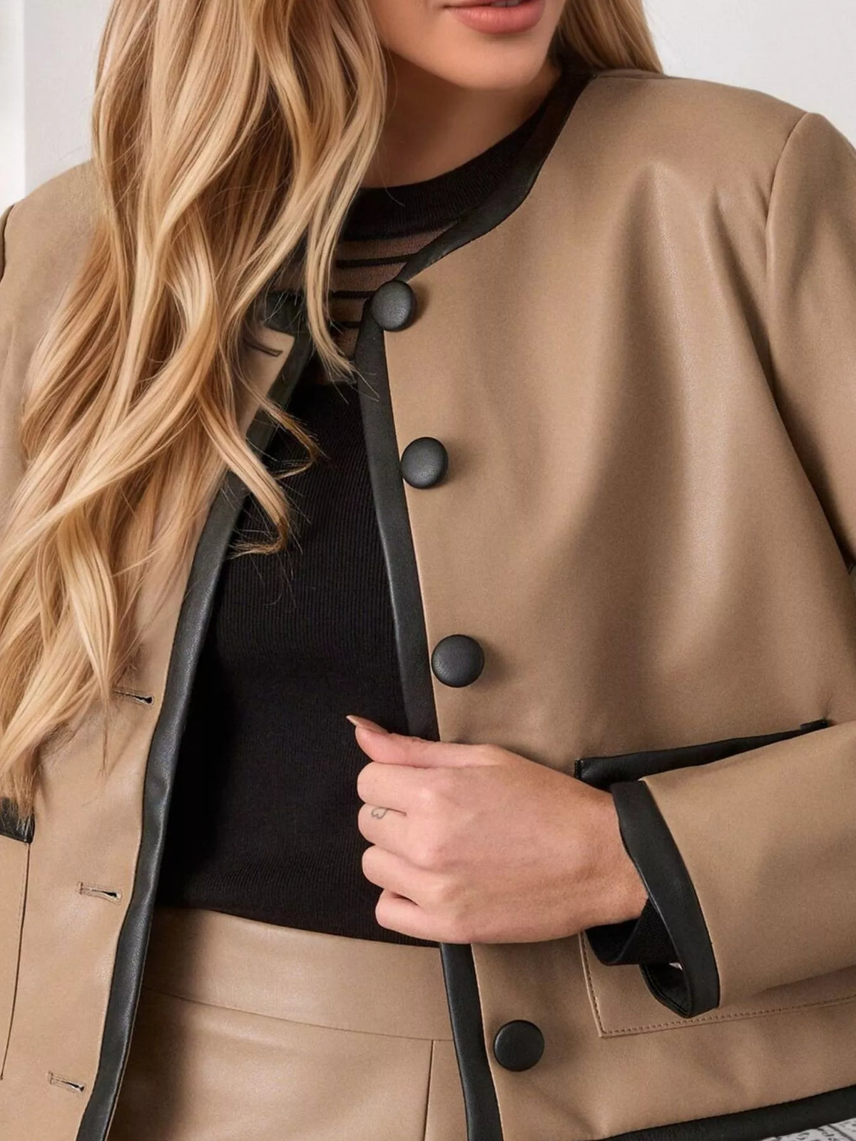 Tan Contrast-Trim Jacket button and trim detail